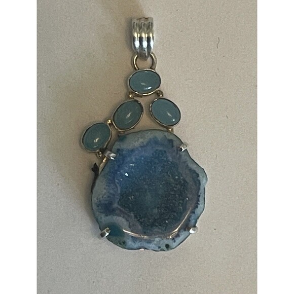 Vintage Pendant 925 Sterling Silver Gemstone Rock Geode Crystal Blue Stone - Picture 7 of 7